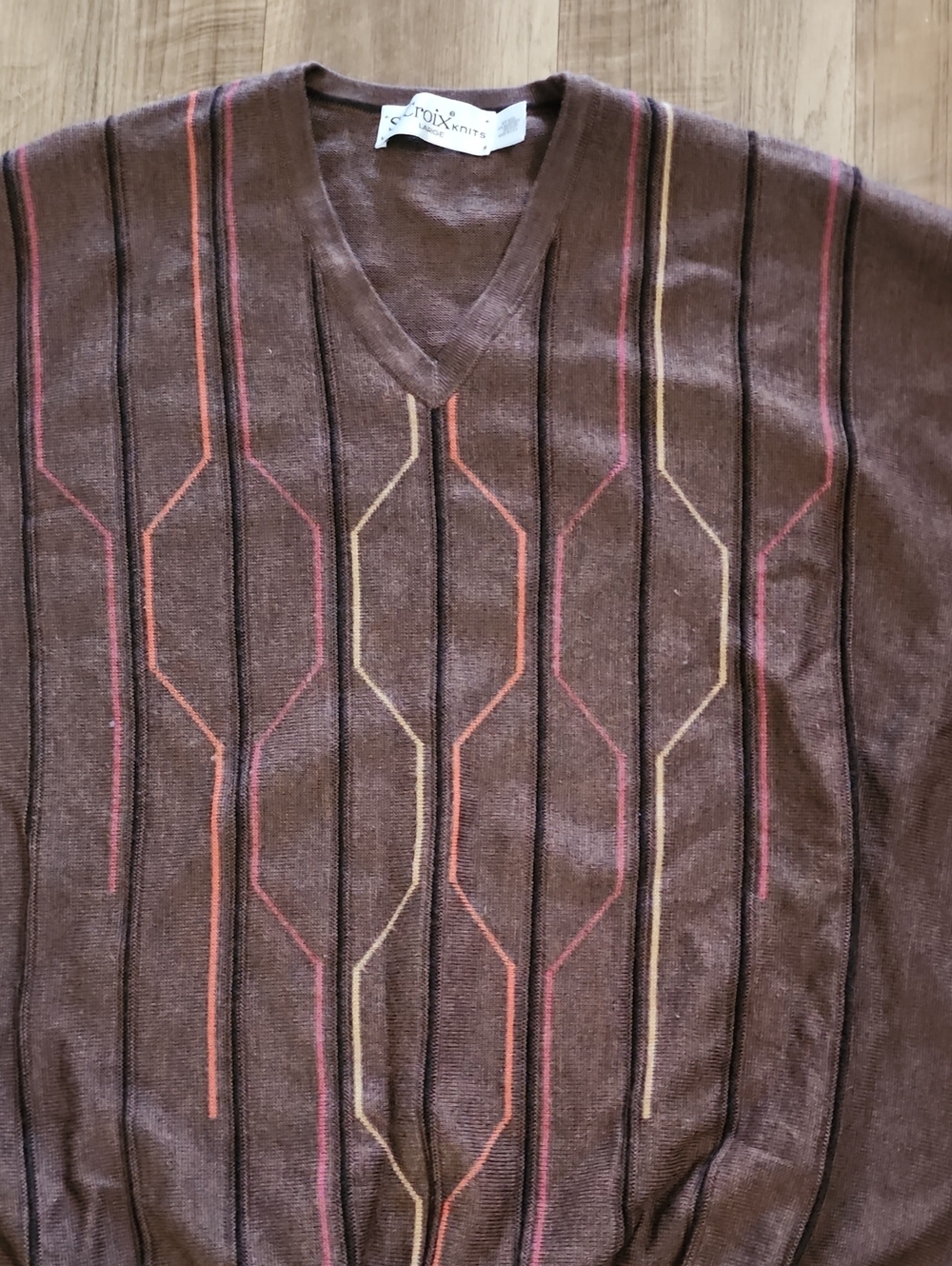 St. Croix Knits Large 85% Wool Brown Geometric V-Neck Sweater Grandpacore - Picture 4 of 9